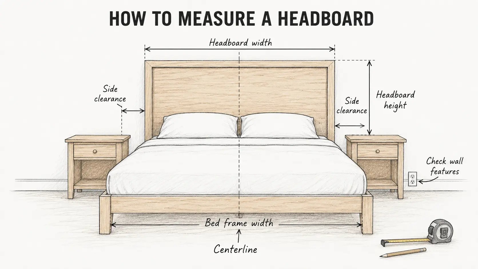 Bed with wooden headboard and side tables, measuring tape and pencil nearby