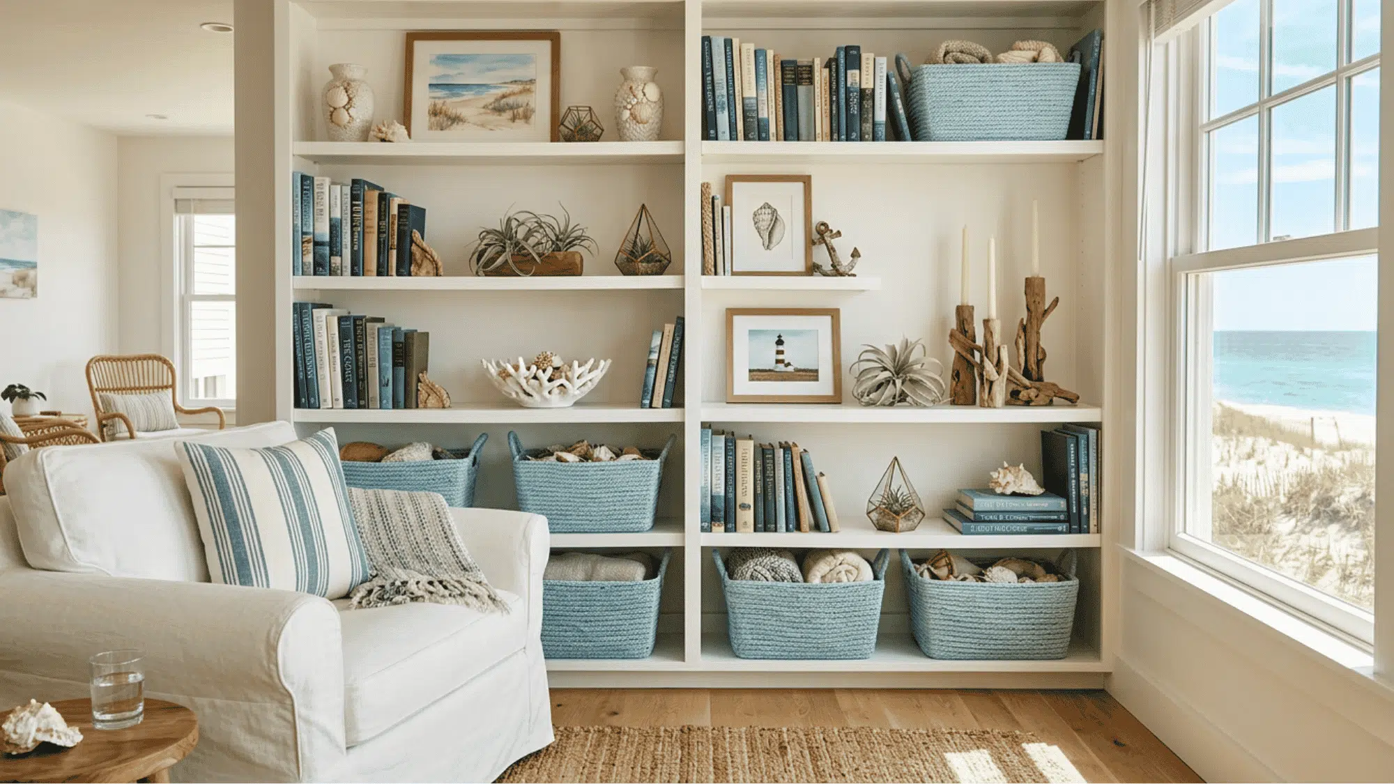 Styled living room shelves with books, baskets, ceramics, plants, candles, and framed art.