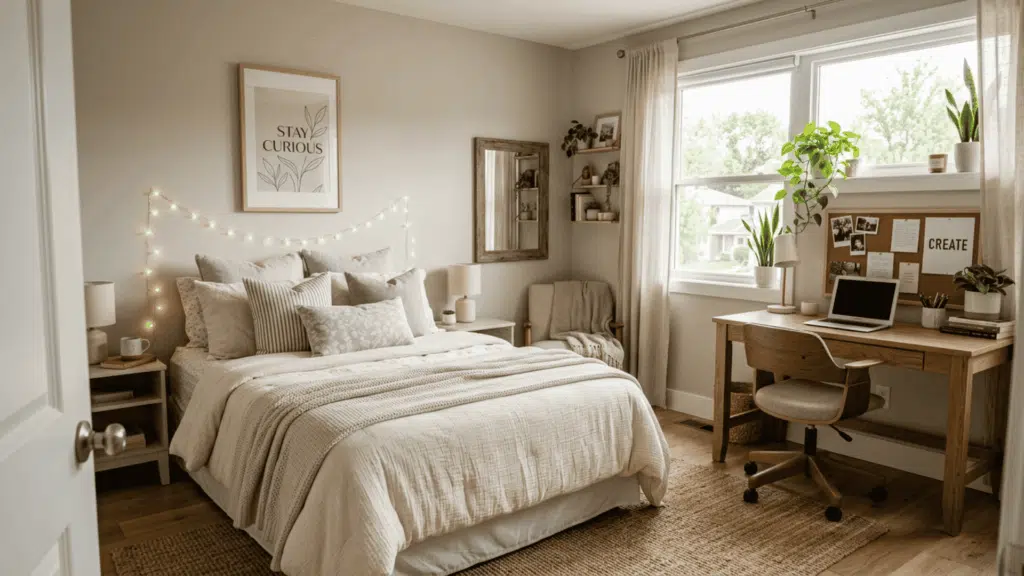 stylish teen bedroom with cozy bedding, soft lighting, wall art and a study desk