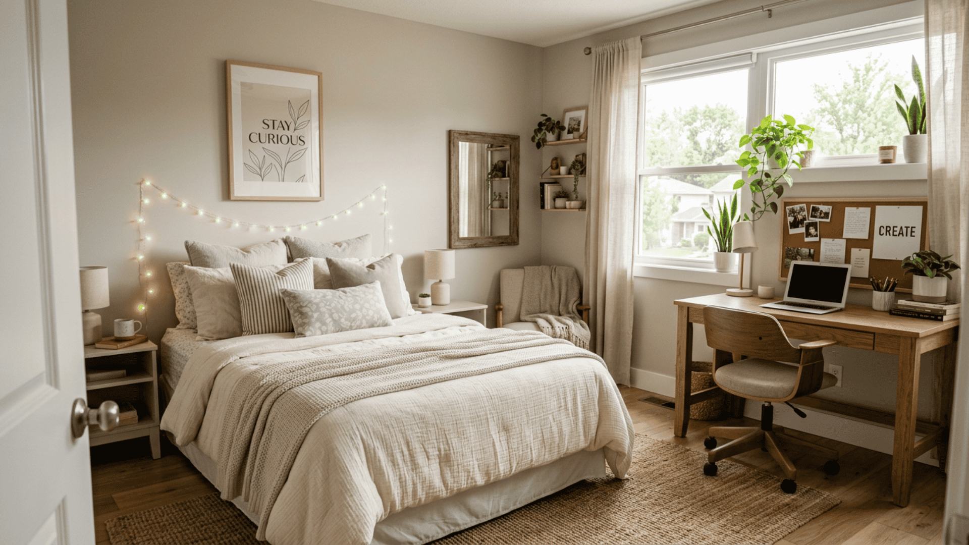 stylish teen bedroom with cozy bedding, soft lighting, wall art and a study desk