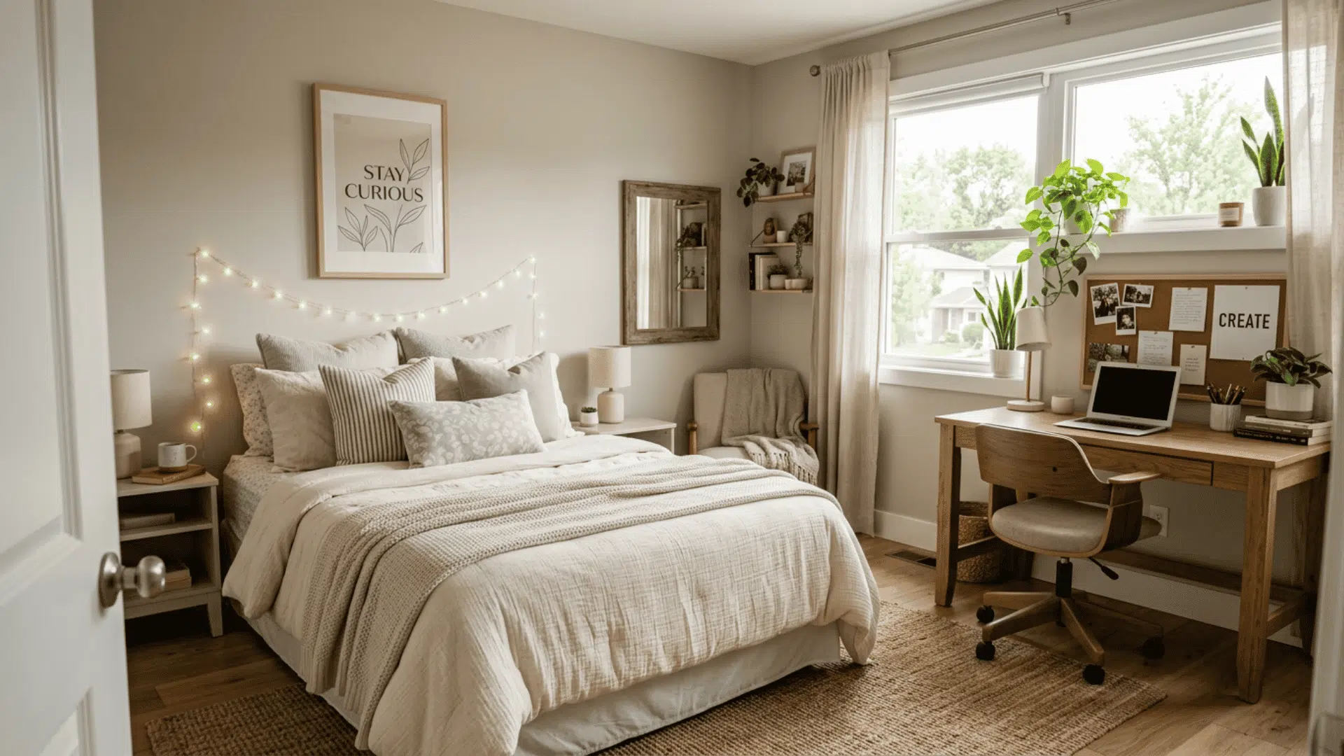 stylish teen bedroom with cozy bedding, soft lighting, wall art and a study desk