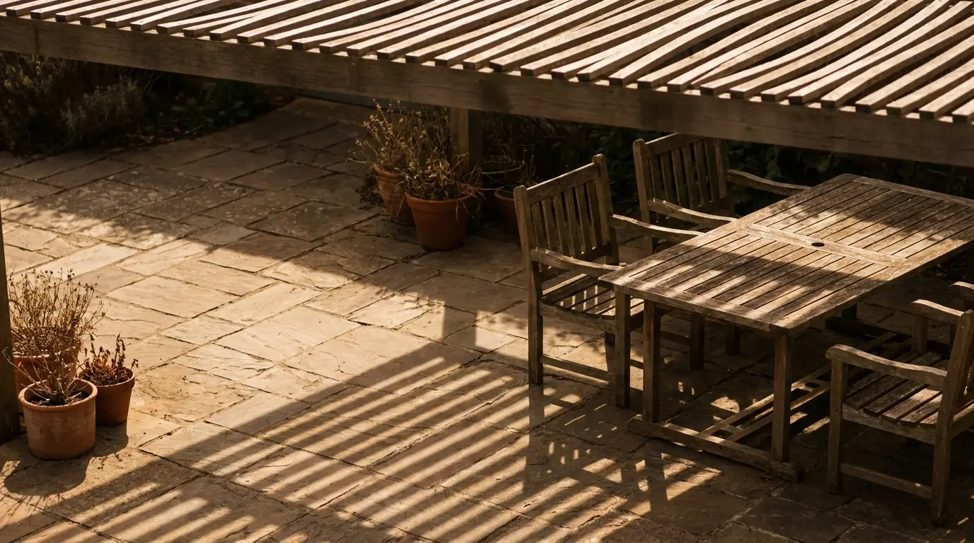 Wooden patio furniture set on stone terrace under slatted pergola with potted plants nearby