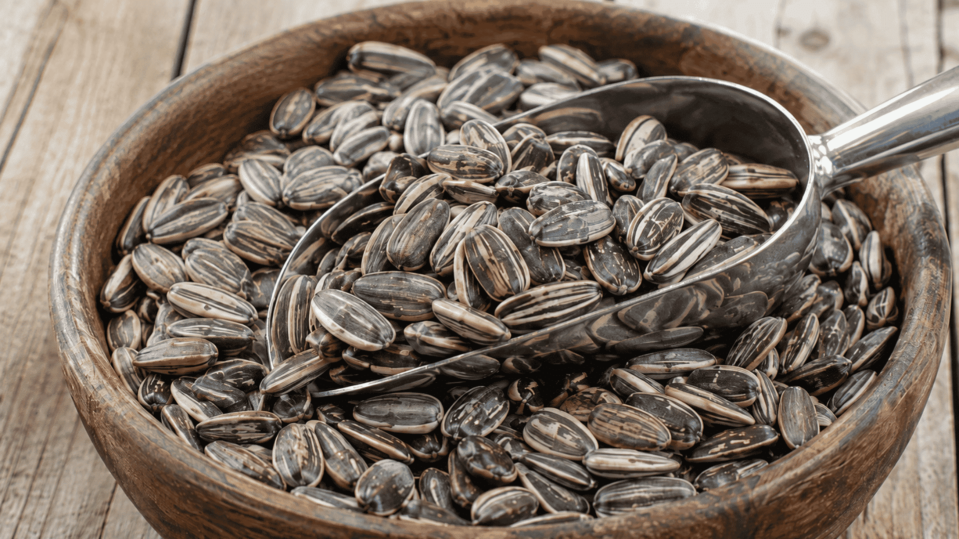 sunflower seeds in striped shells with a metal scoop inside a wooden bowl