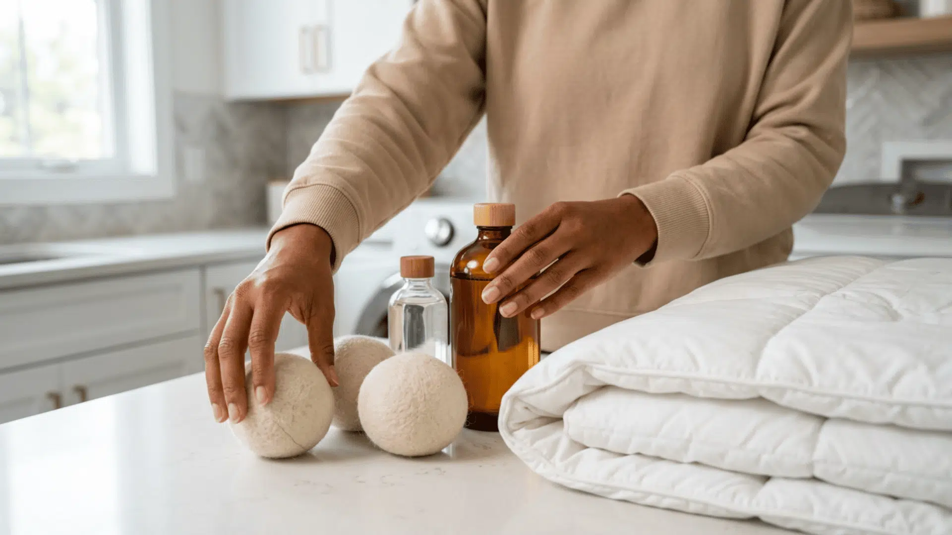 hands arranging detergent, stain remover, and dryer balls beside a comforter