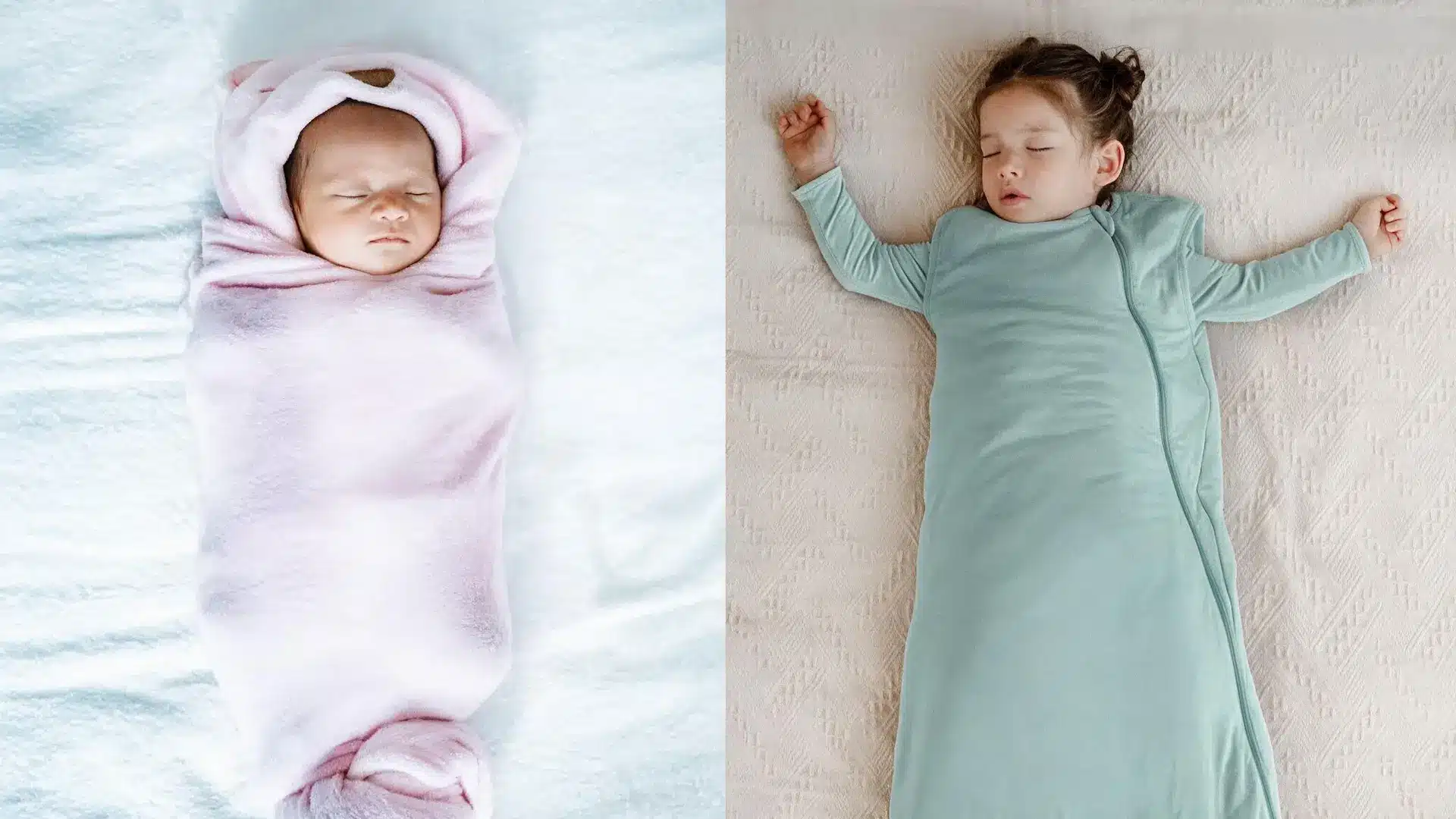Swaddled newborn sleeping beside a baby in a sleep sack with arms free on a bed.