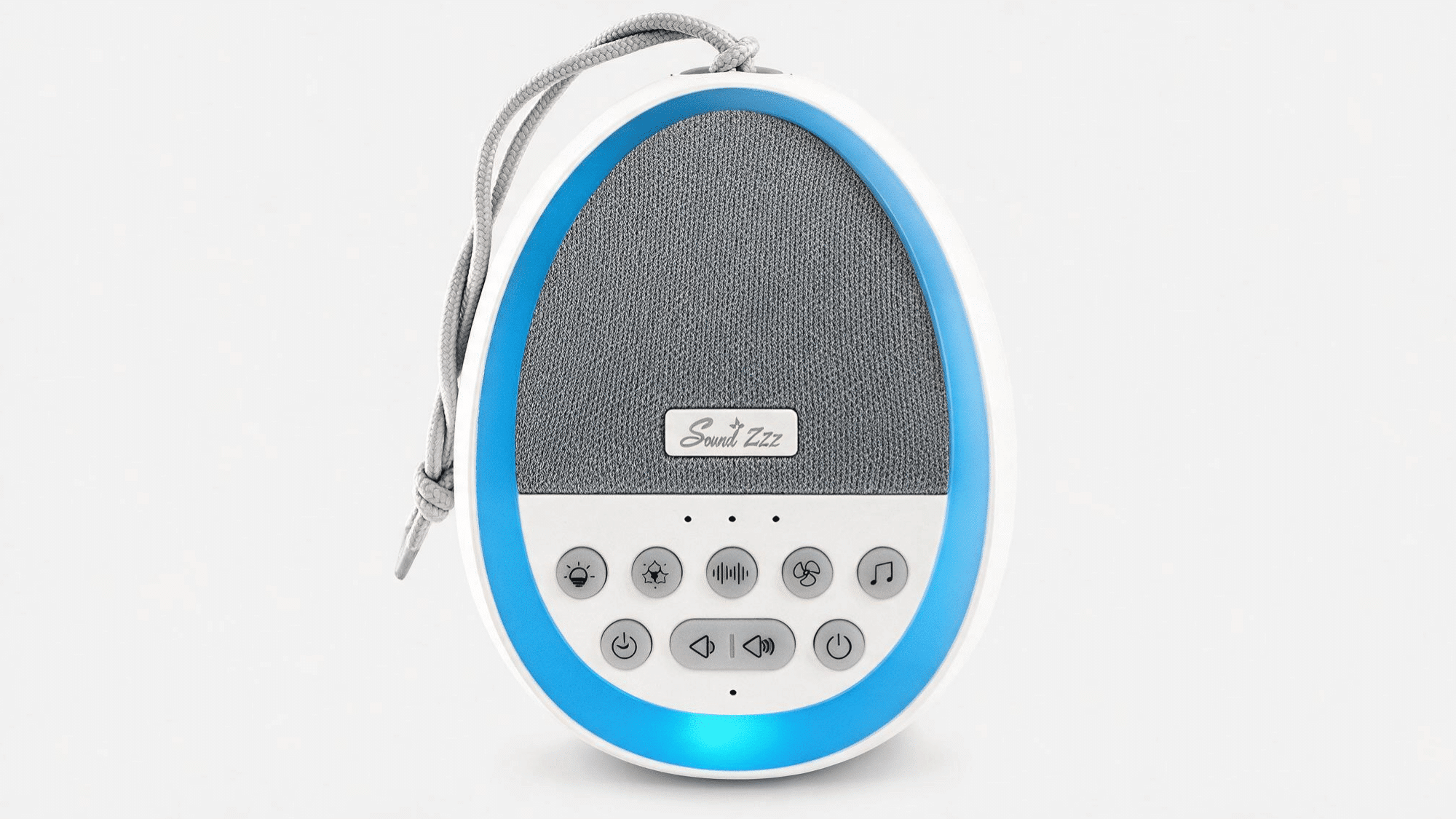 sweet zzz white noise machine with oval design, speaker panel, sound buttons, blue outer ring, and control settings on a clean background