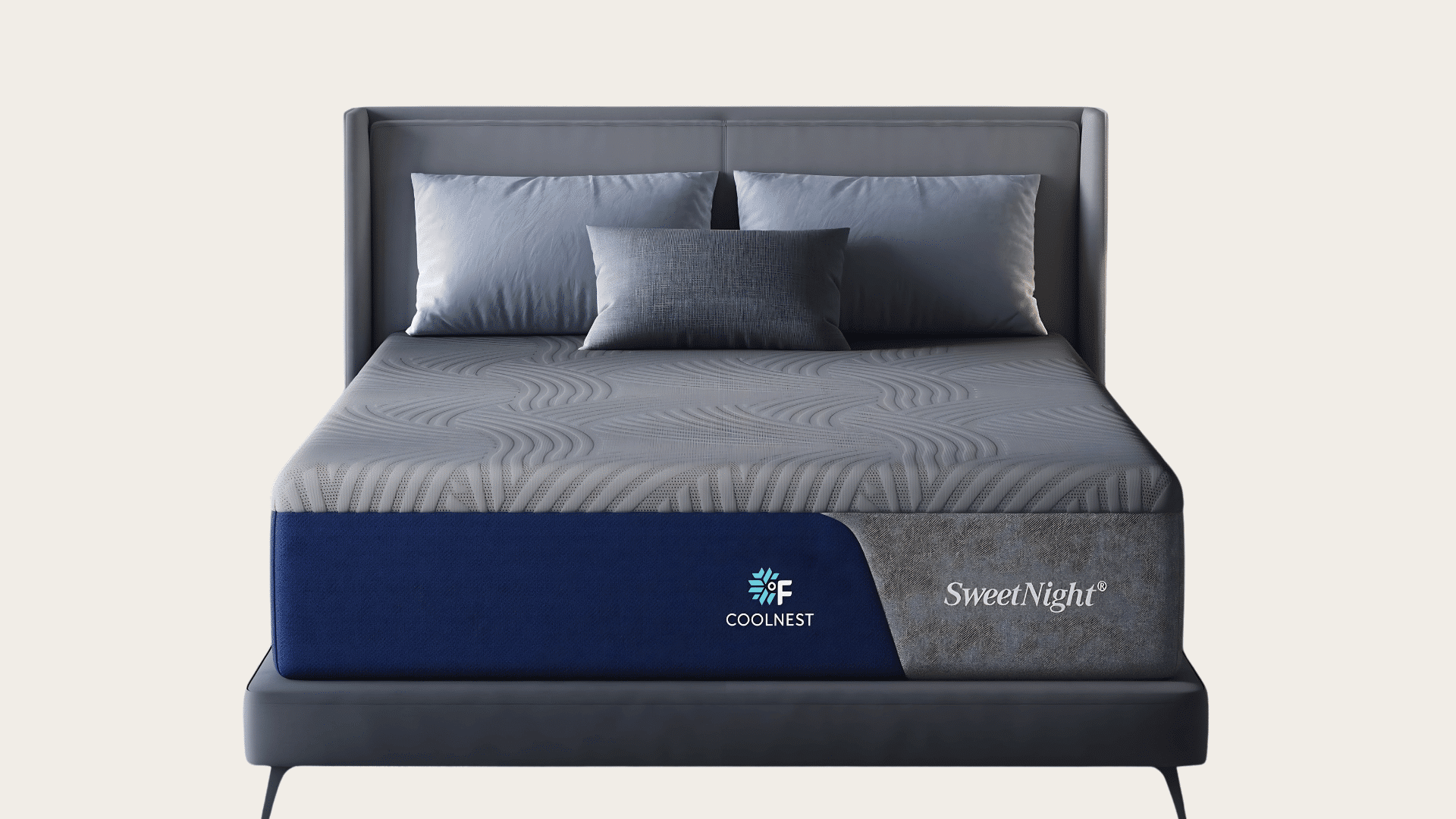 SweetNight CoolNest mattress displayed with a dark base, pillows, and cooling design.