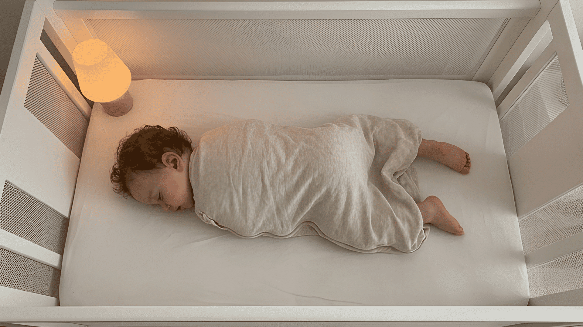 toddler sleeping in crib with blanket and soft bedtime lighting