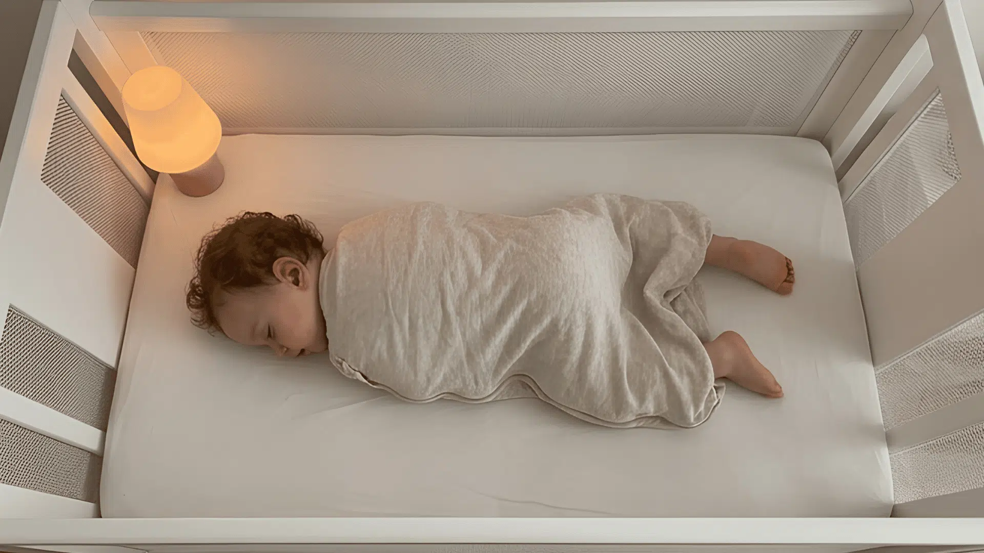 toddler sleeping in crib with blanket and soft bedtime lighting