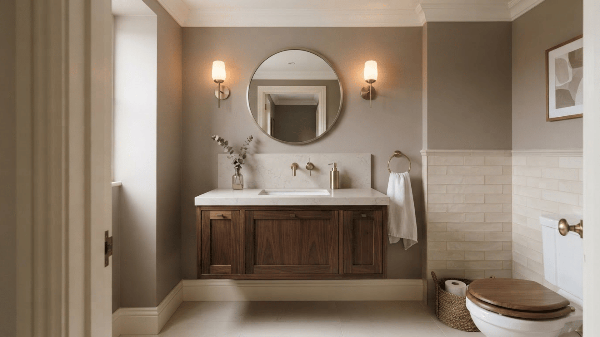 taupe bathroom with dark wood vanity, cream tile, round mirror, and warm lighting