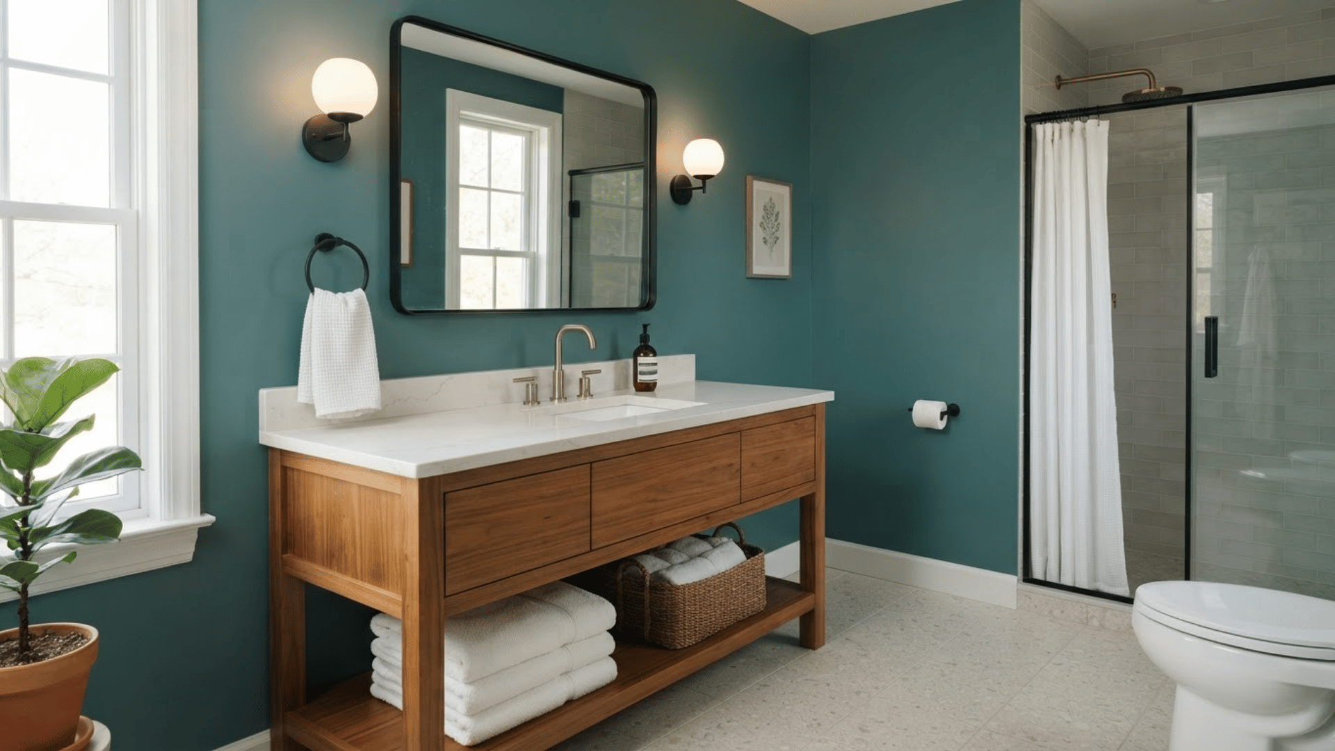 teal bathroom with wood vanity, white counter, black mirror, and glass shower