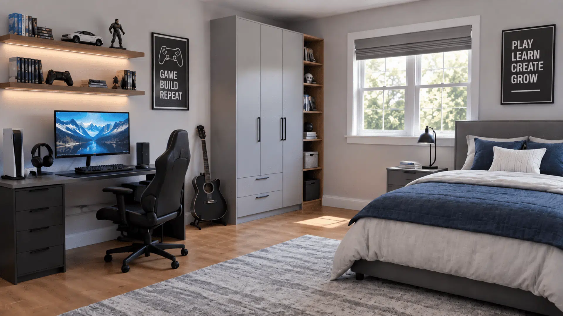 teen bedroom gaming corner with desk setup and organized hobby storage