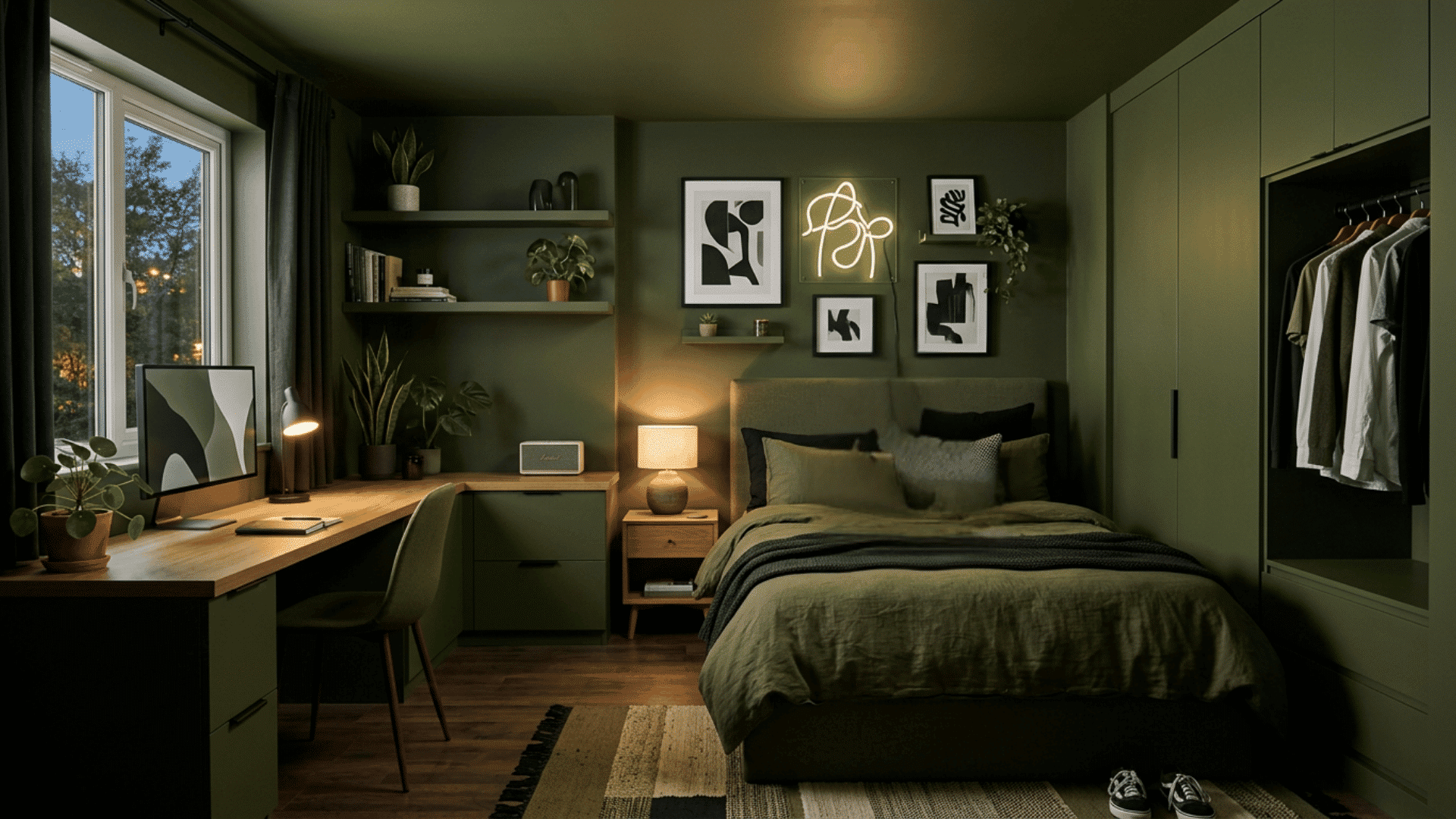 teen bedroom with bold color walls and matching decor elements