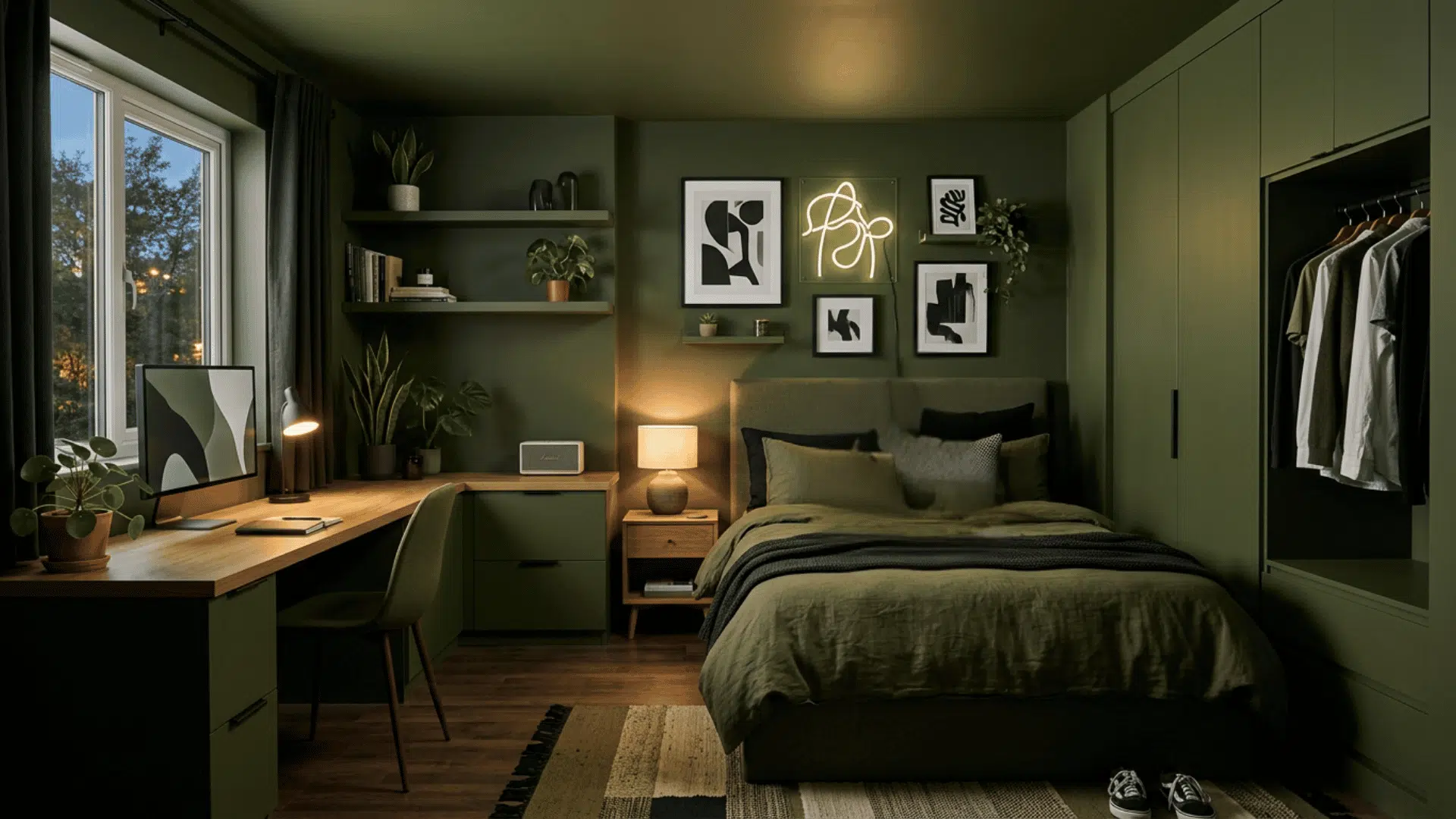 teen bedroom with bold color walls and matching decor elements
