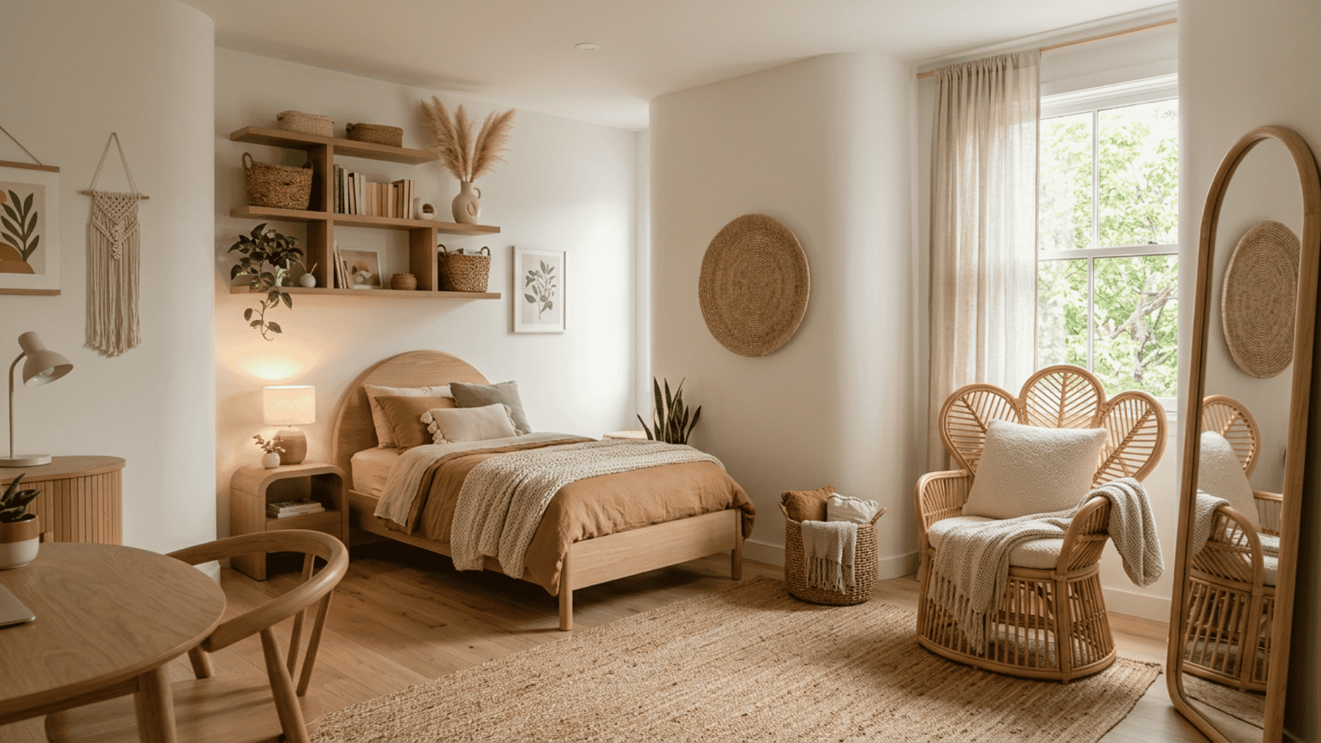 teen bedroom with curved furniture and natural textured decor