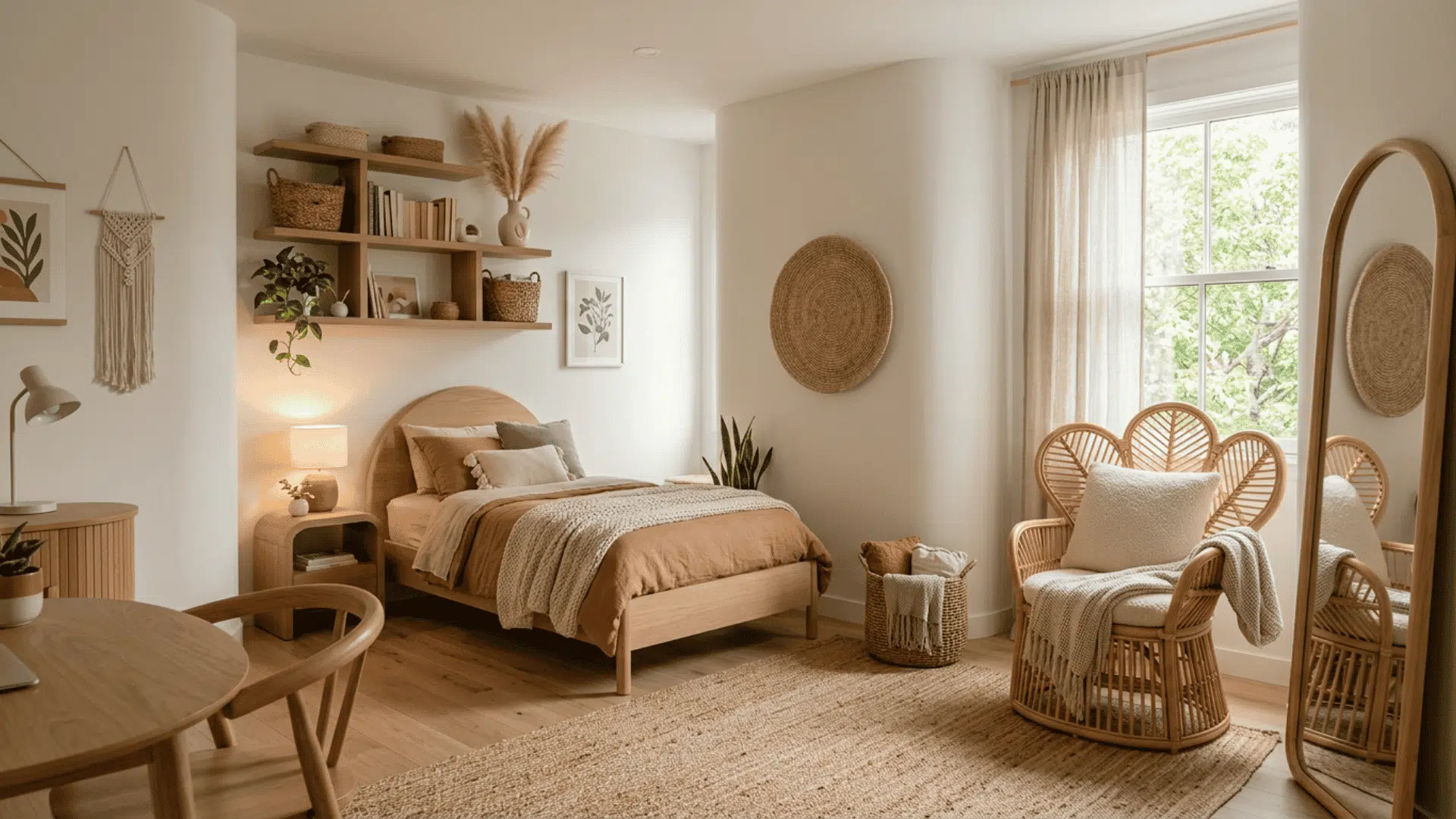 teen bedroom with curved furniture and natural textured decor