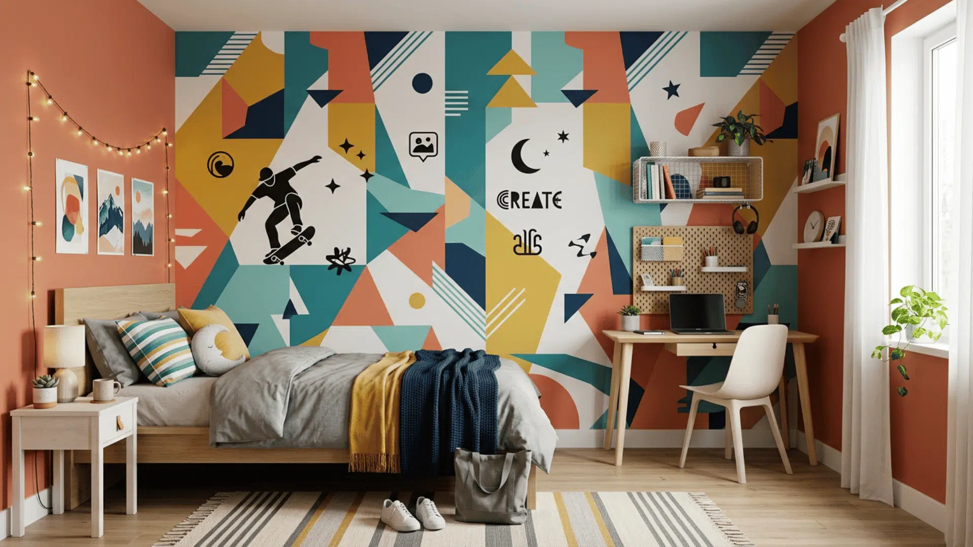 teen bedroom with decorative wallpaper and creative wall decals
