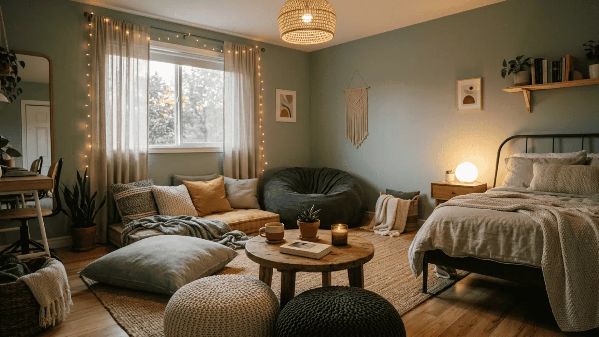 teen bedroom with floor cushions and a cozy lounge seating area
