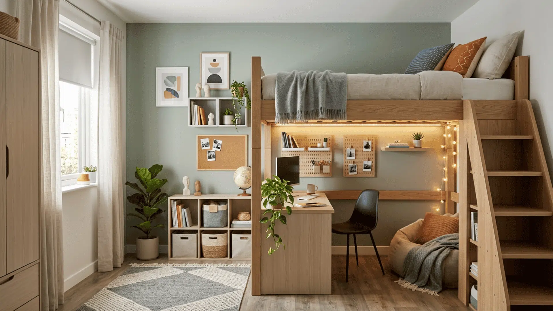 teen bedroom with loft bed above a functional study desk area