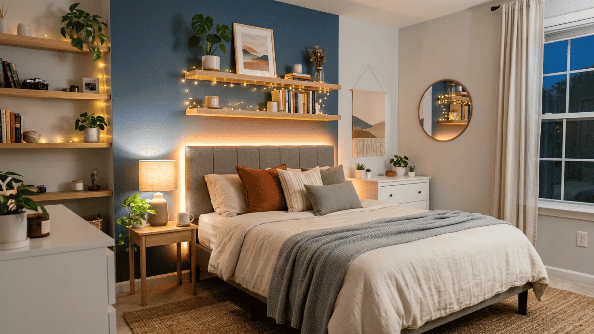 teen room with layered LED lights creating a warm ambient glow