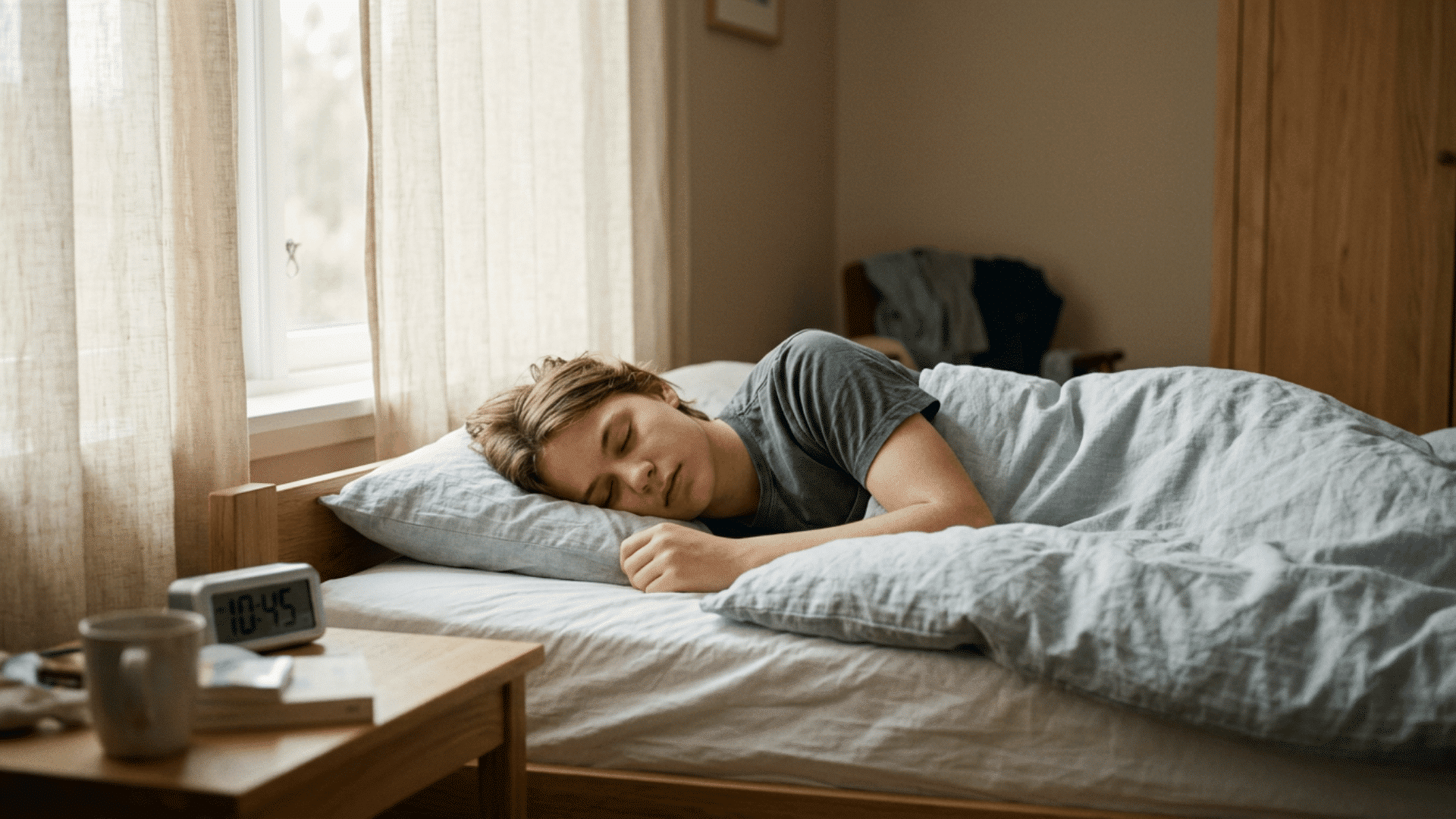 teen sleeping beside a clock in daylight, representing symptoms of Kleine-Levin syndrome