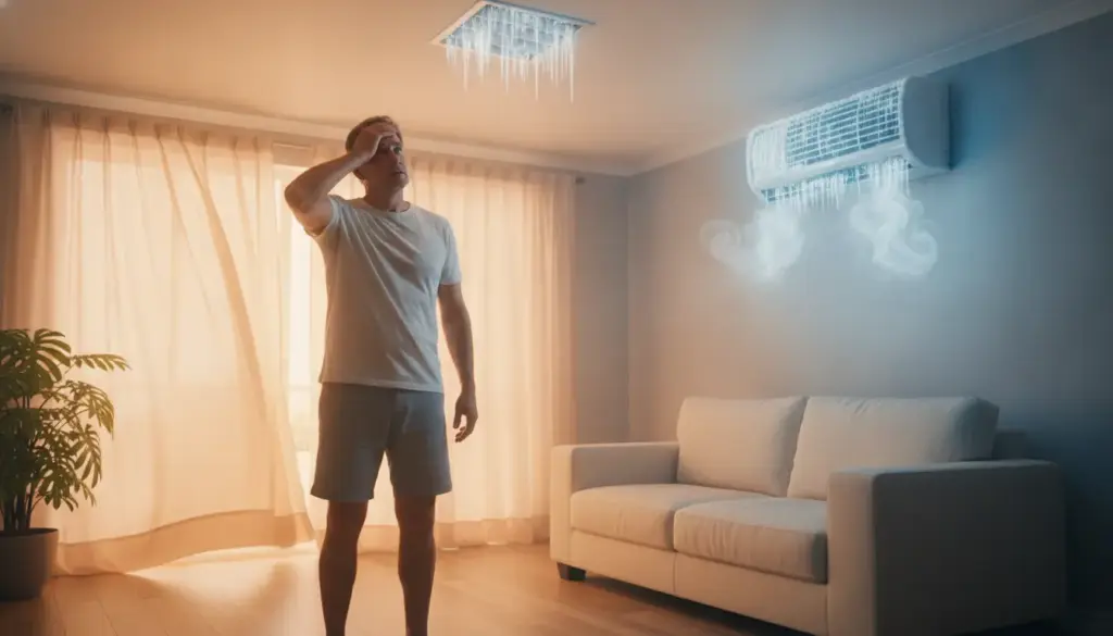 Man standing in living room with frozen air conditioner and frosty ceiling vent