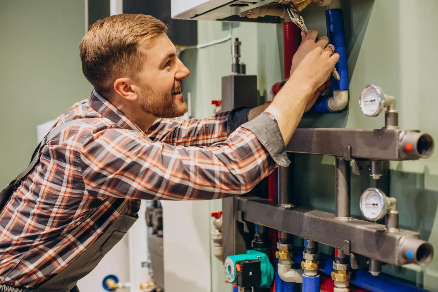 Man adjusting heating system pipes and gauges in utility room wearing plaid shirt