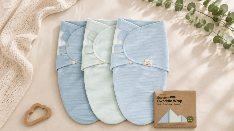 three pastel newborn swaddles arranged on a soft cream background with greenery