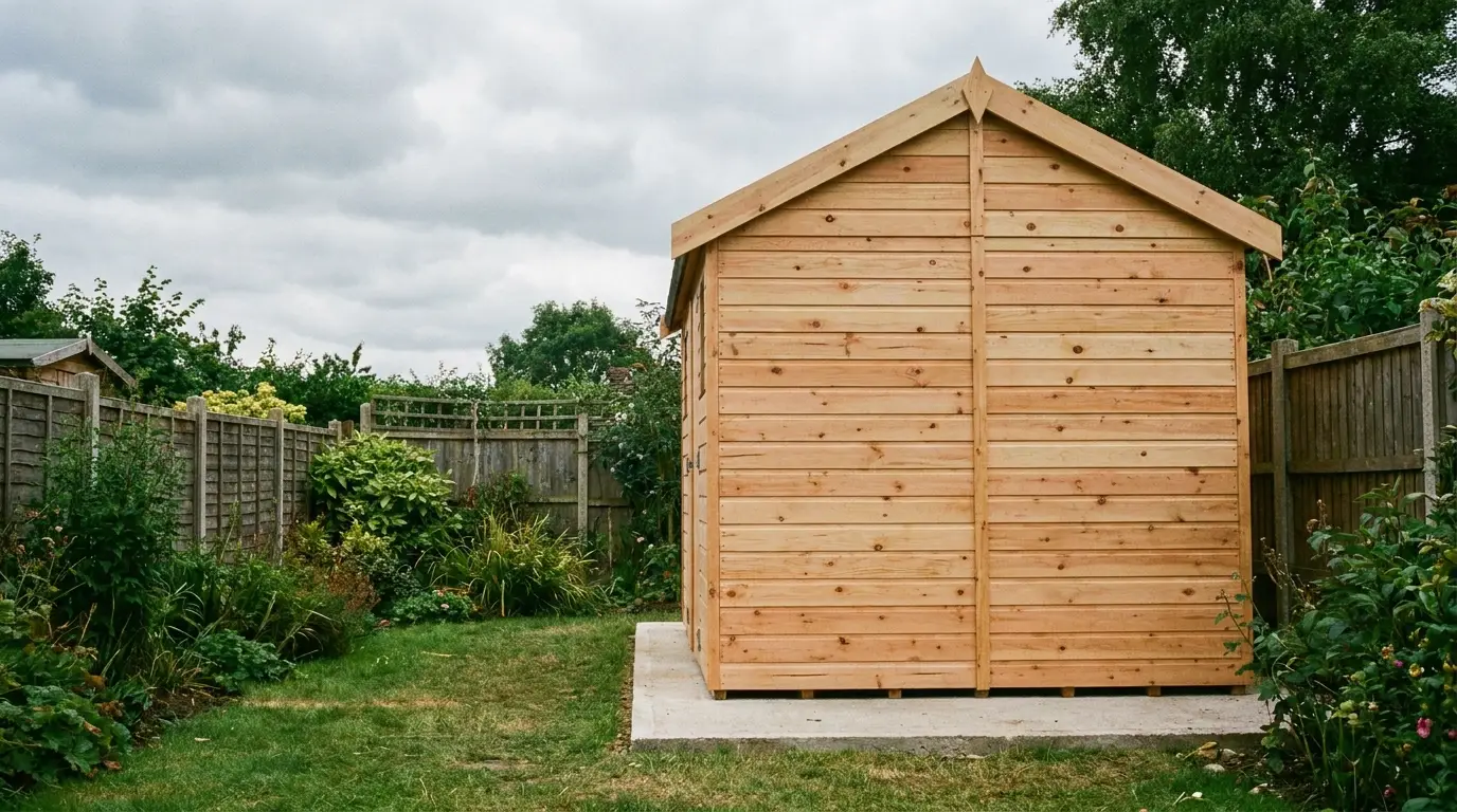 Wooden garden shed on concrete base surrounded by wooden fence and greenery in overcast weather