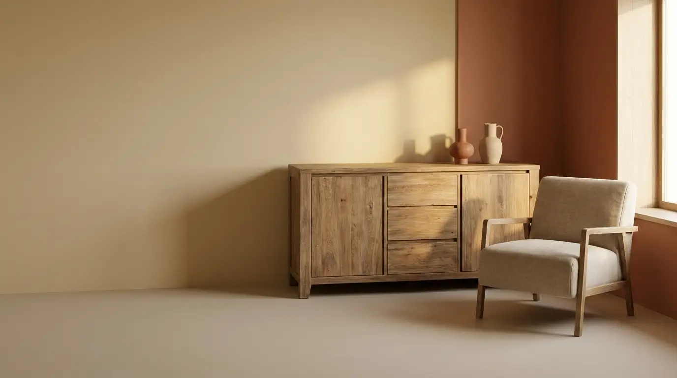 Wooden sideboard with ceramic vases next to beige armchair in sunlit minimalist room