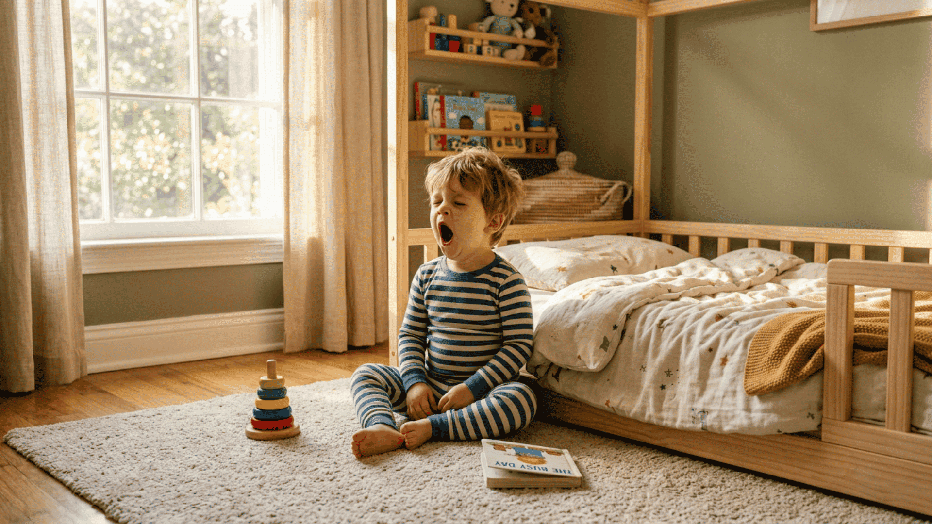 tired toddler yawns on a nursery rug beside a wooden bed, book, and stacking toy