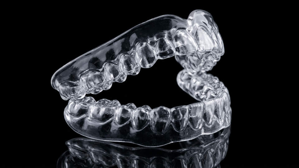 transparent custom sleep apnea mouthpiece displayed on a black background for dental sleep therapy