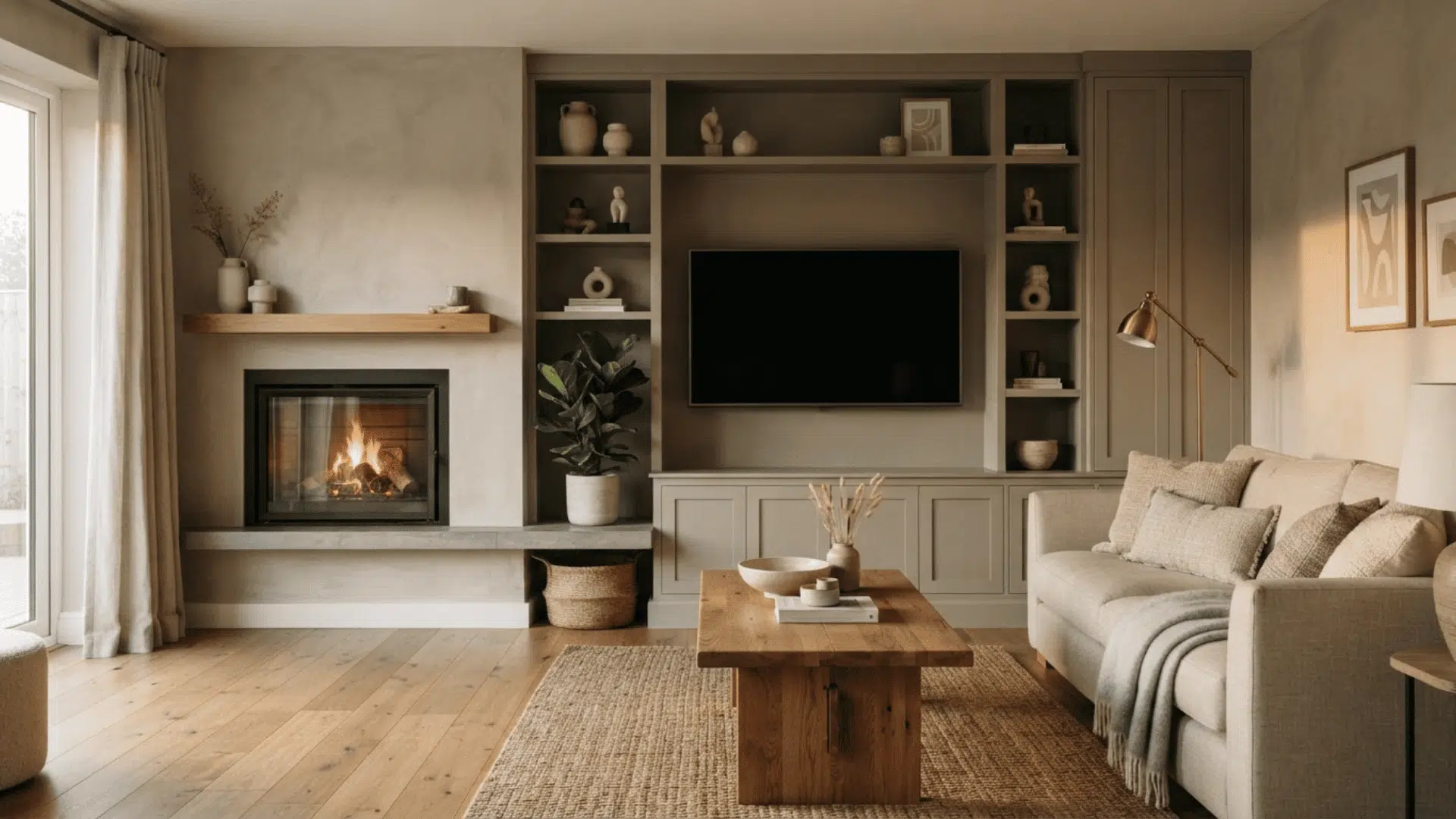 TV beside a fireplace with media cabinet, sectional sofa, and warm neutral styling