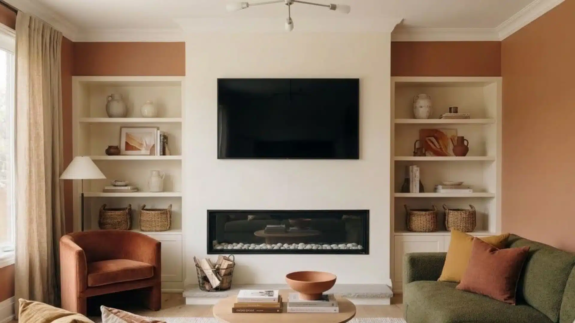 TV mounted above a linear fireplace with warm-toned built-in shelving in a modern living room