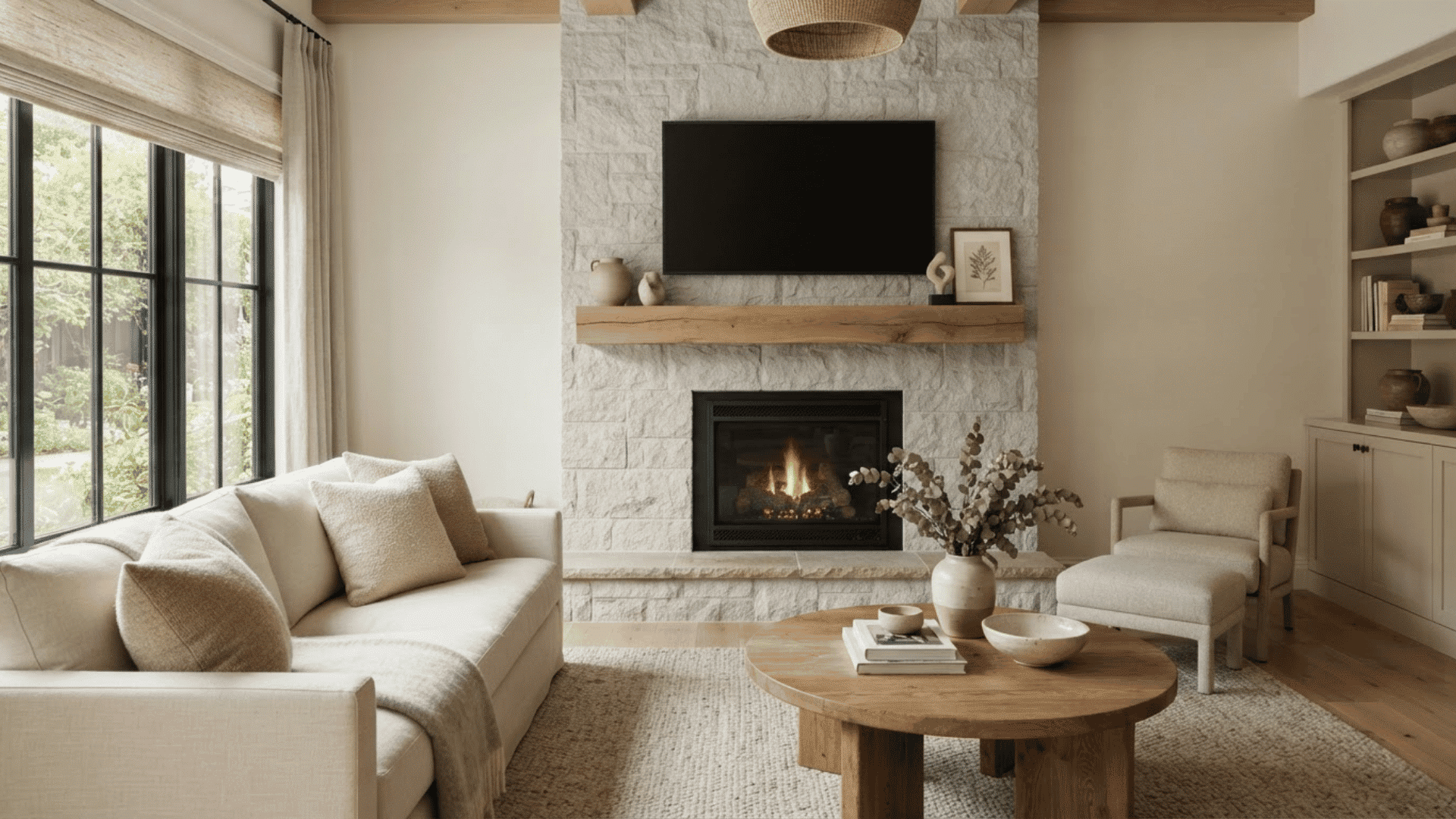 TV mounted above a stone fireplace with a floating wood mantel in a bright living room