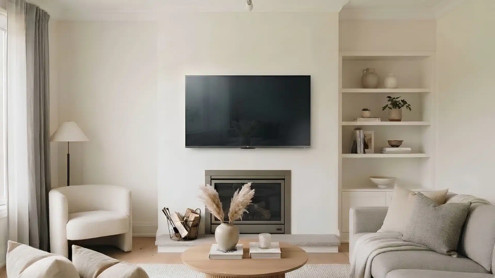 TV mounted directly above a fireplace with built-in shelving in a neutral living room