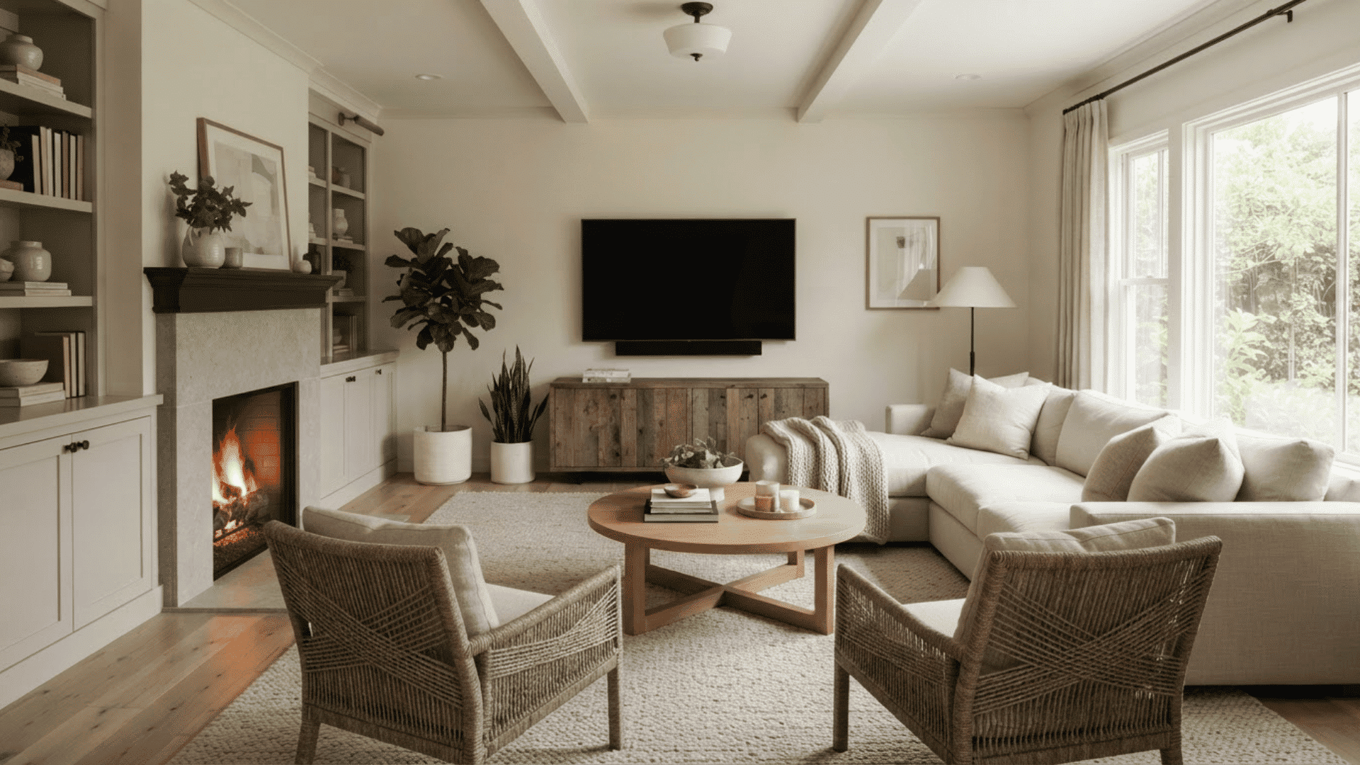 TV on an adjacent wall to a stone fireplace with neutral seating and built-in shelving
