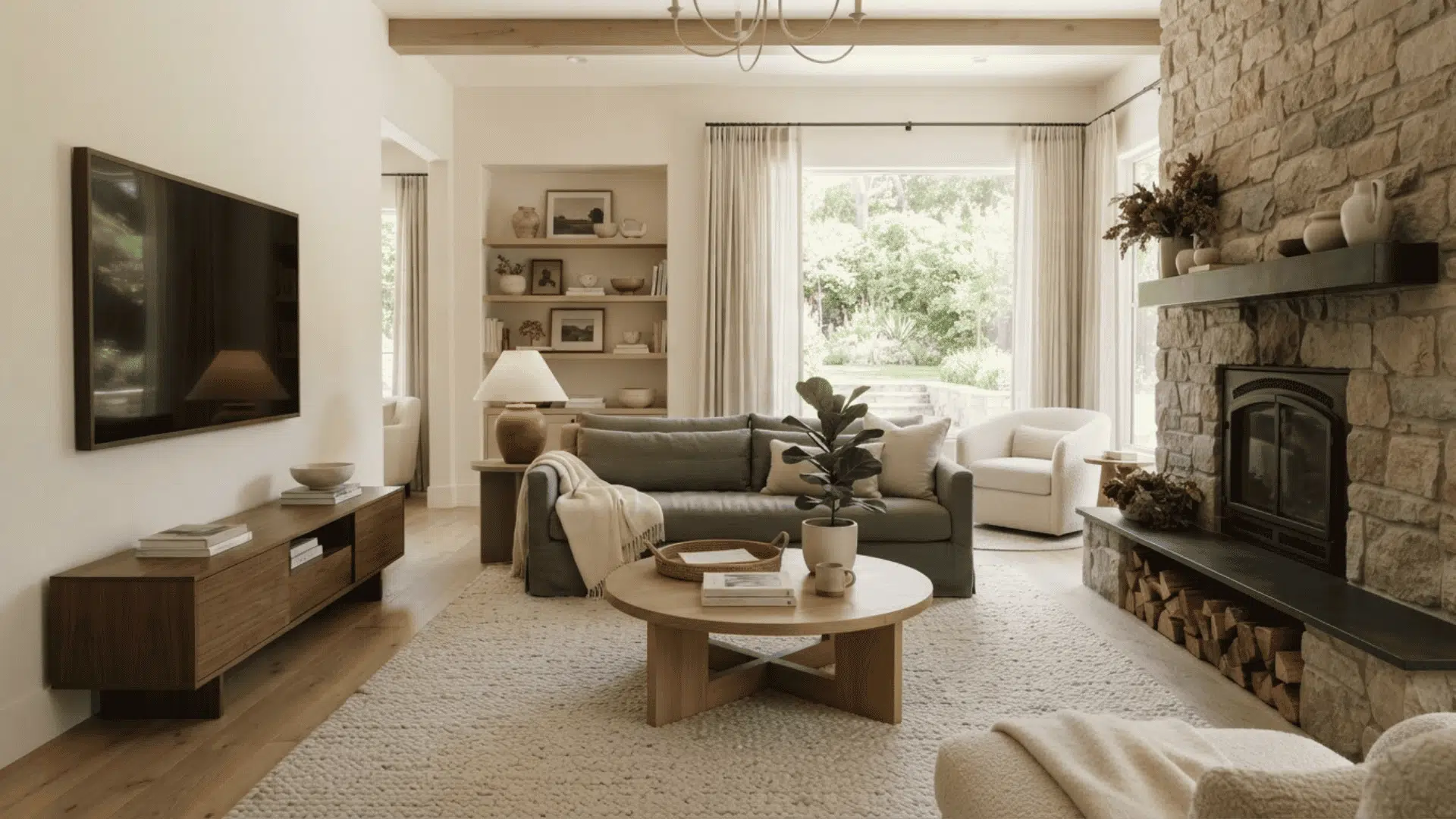 TV opposite a fireplace with sofa seating between both focal points in a bright room