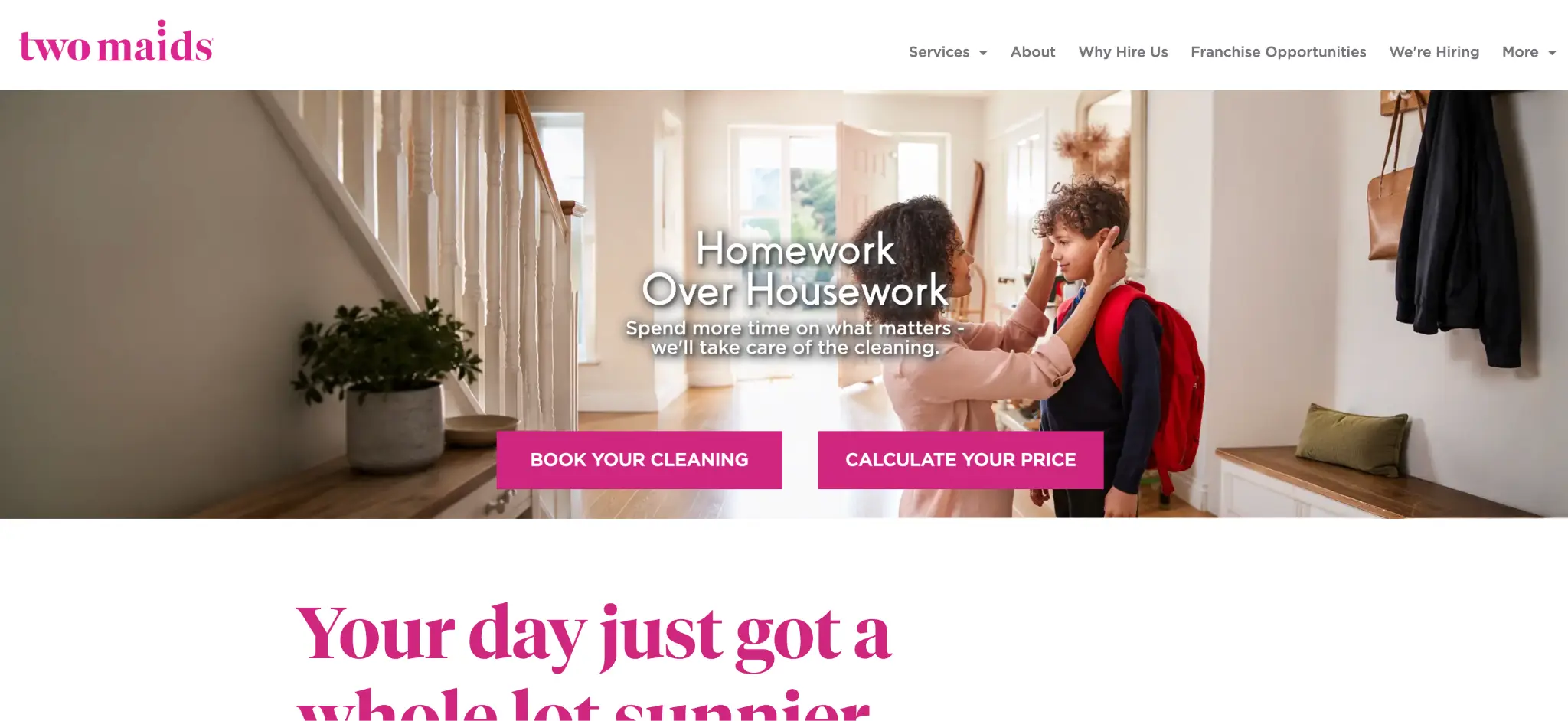 Mother helping child with backpack in bright entryway with plants and coat hooks