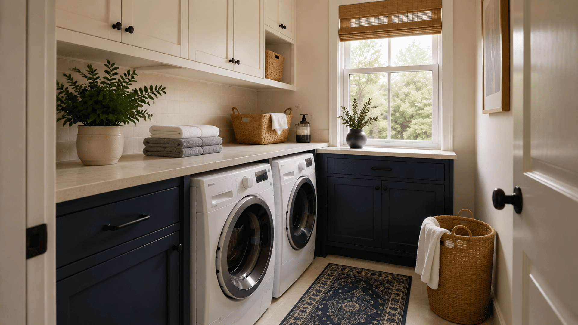 two-tone laundry room with white upper cabinets, navy storage, and front-loading machines