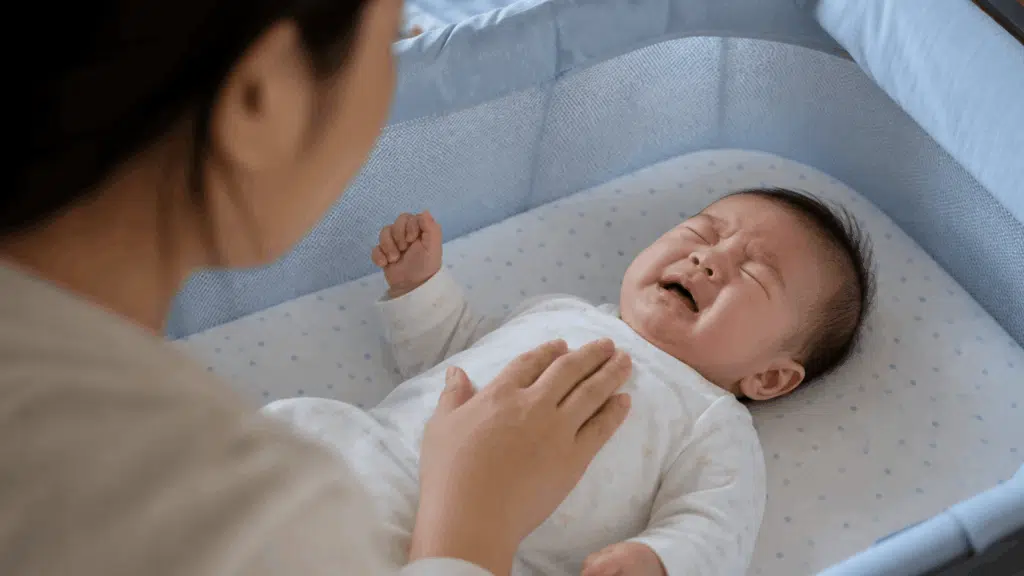 baby crying with eyes closed in a bassinet while a parent gently comforts the baby.