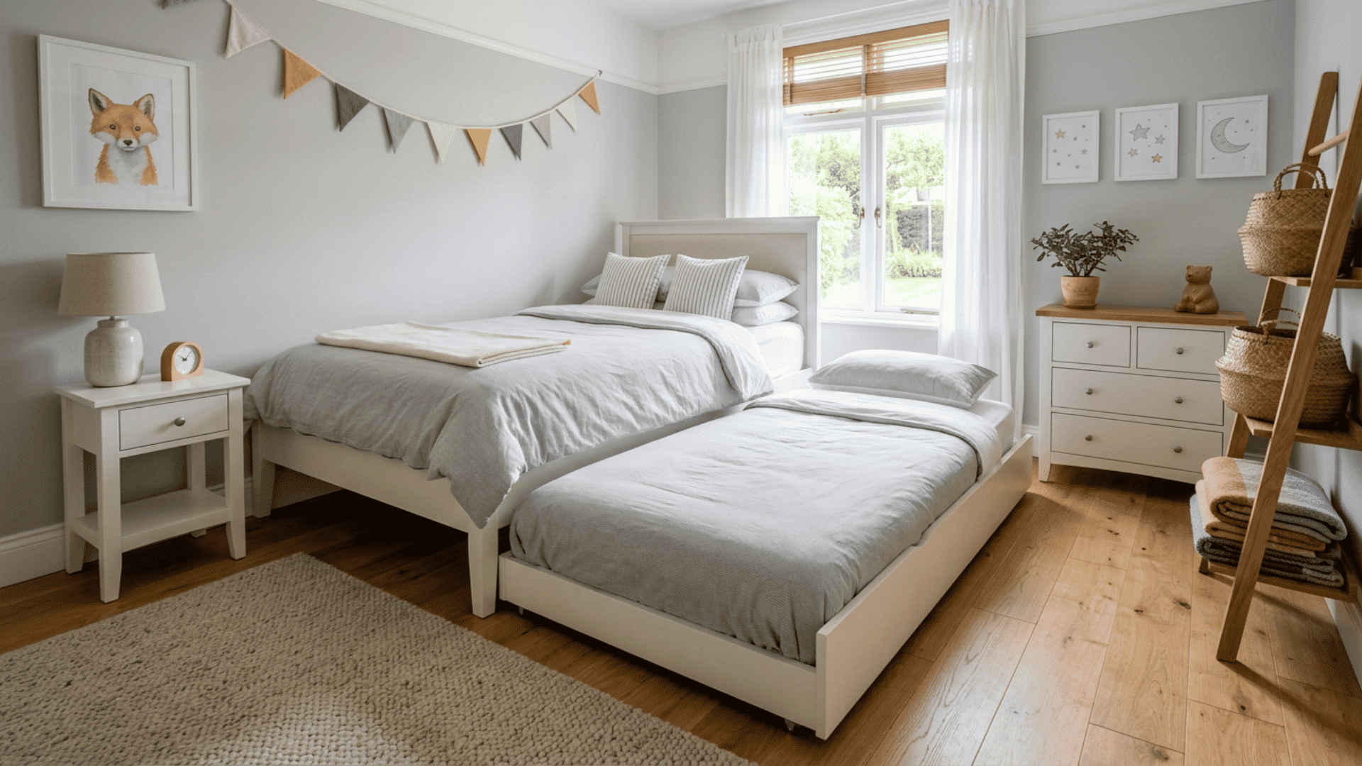 Guest bedroom with a lower trundle bed pulled out for an extra sleeper