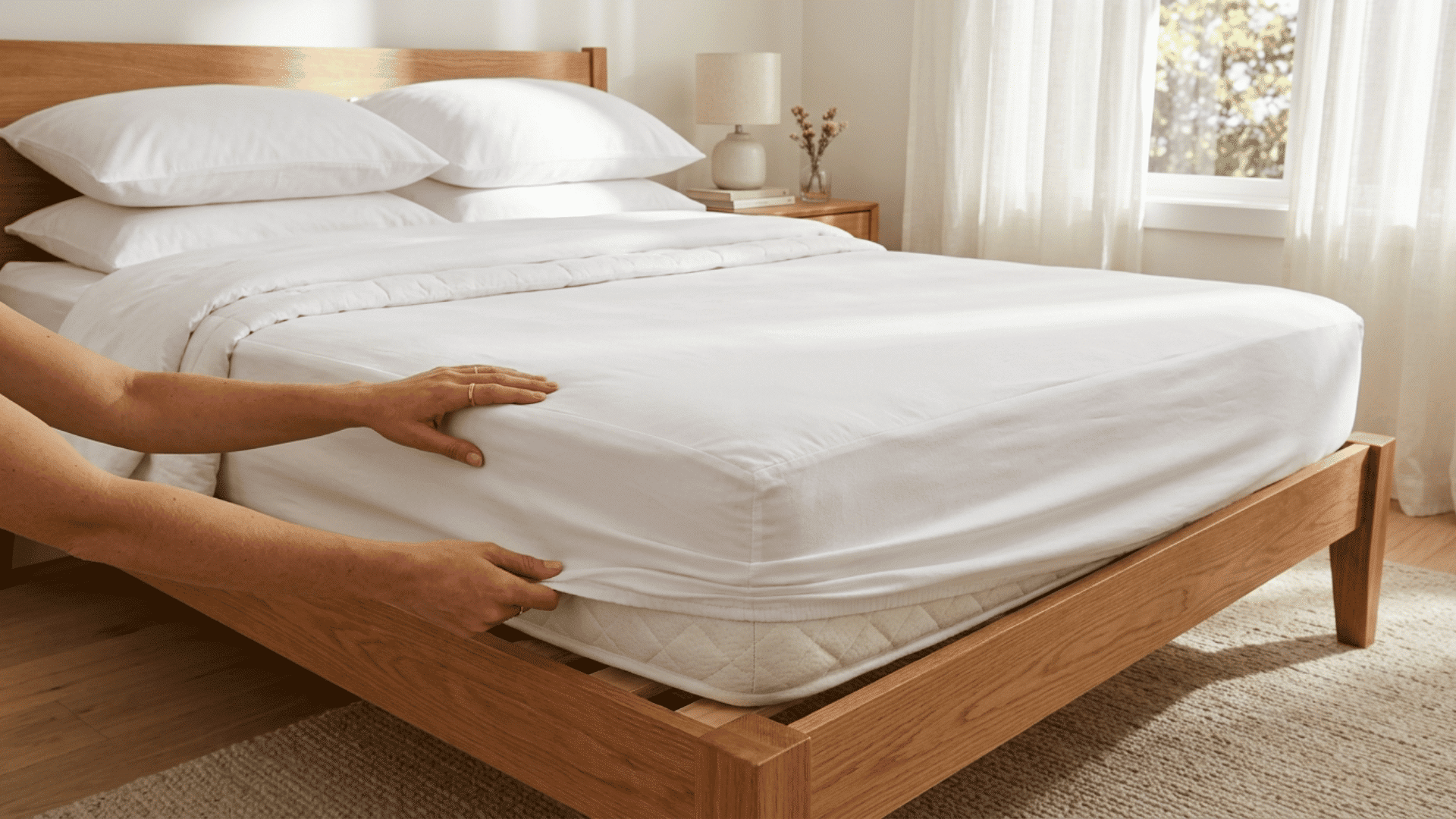 hands fitting a white dust mite cover on a mattress