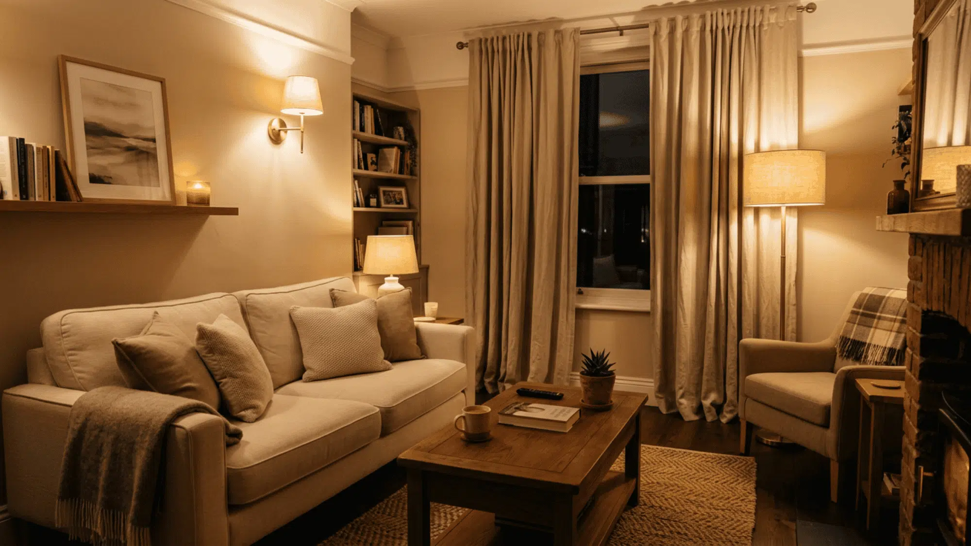 Living room lit with warm white bulbs, cream sofa, beige curtains, and wood table.