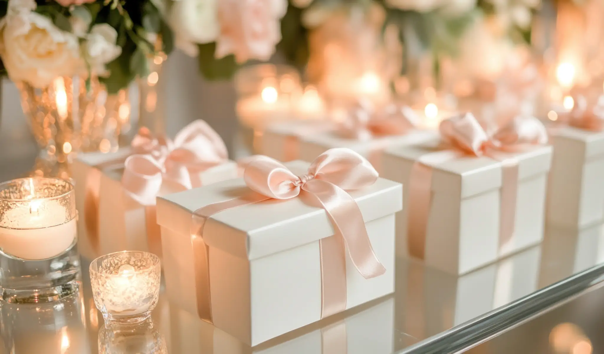White gift boxes with pink ribbons on reflective surface next to lit candles