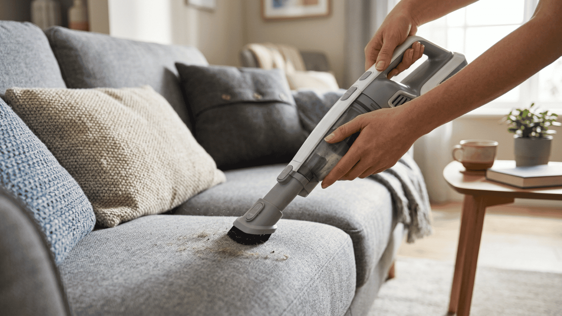 person vacuuming a carpeted floor in a clean living room