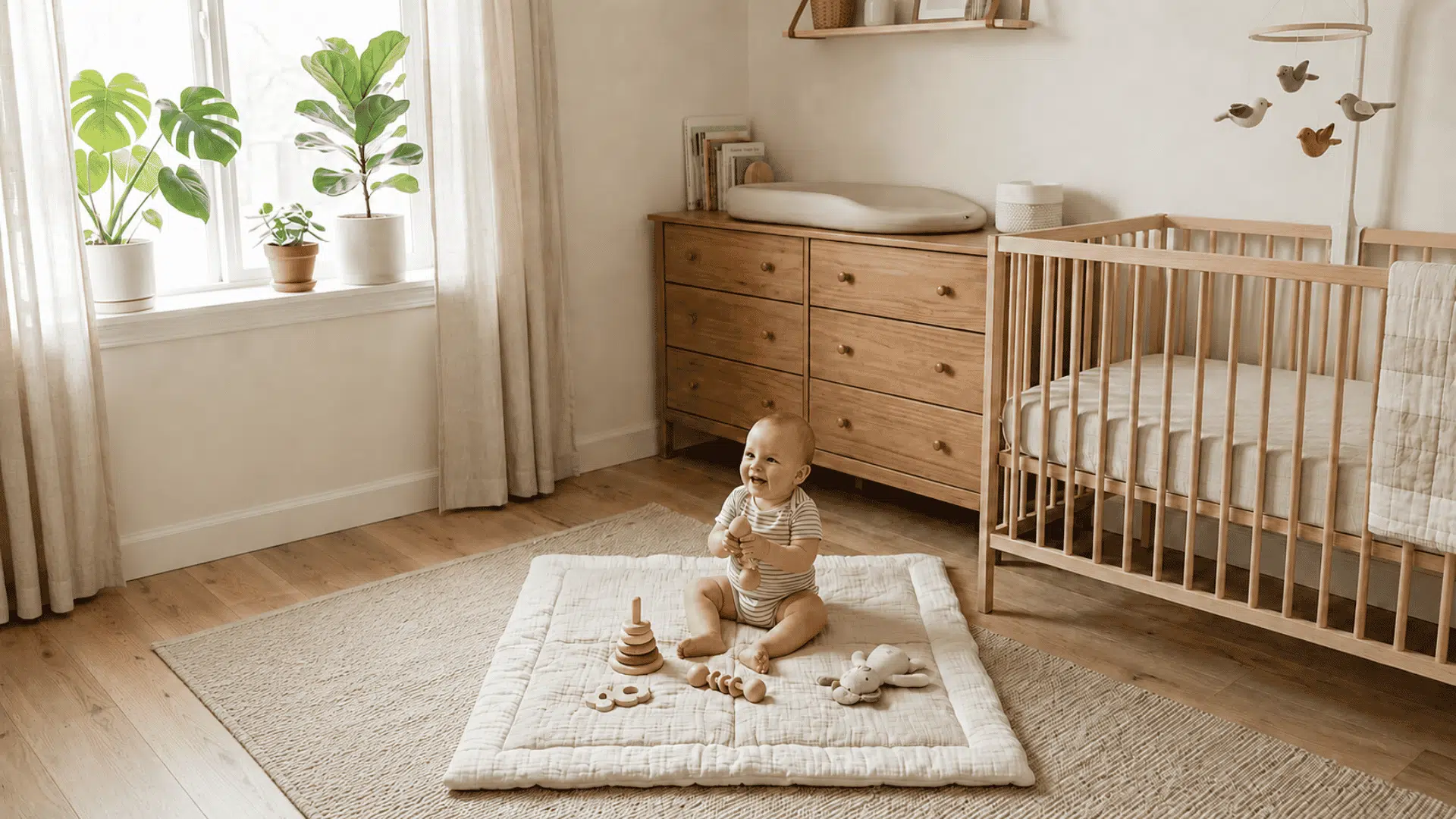 Smiling baby sits on a play mat in a bright nursery beside a wooden crib and rug