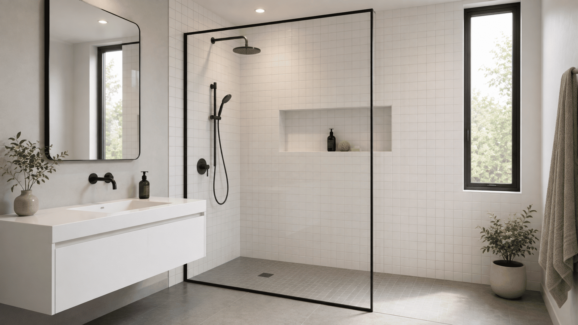 walk-in shower with fixed black-framed glass panel, white tiles, and black fixtures