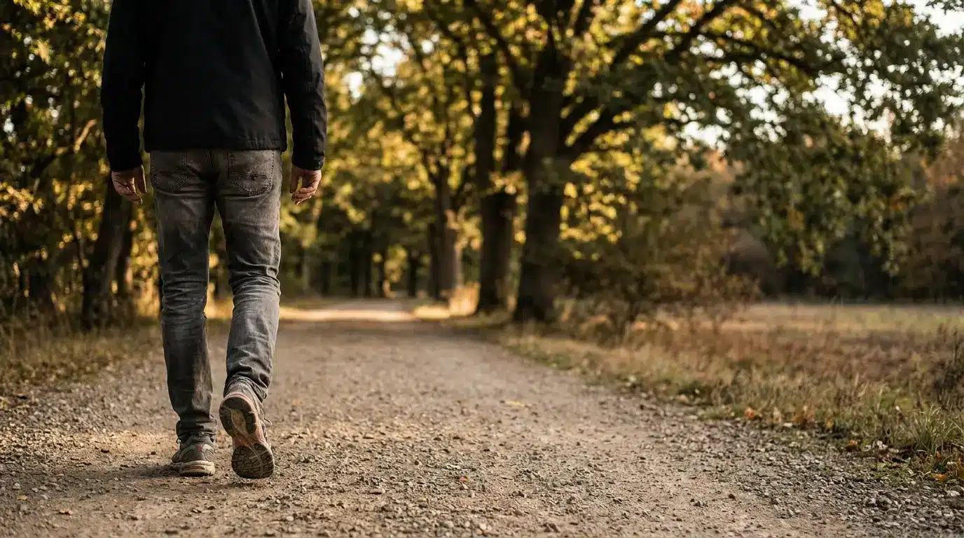 Person walking along a gravel path surrounded by trees in an autumn forest