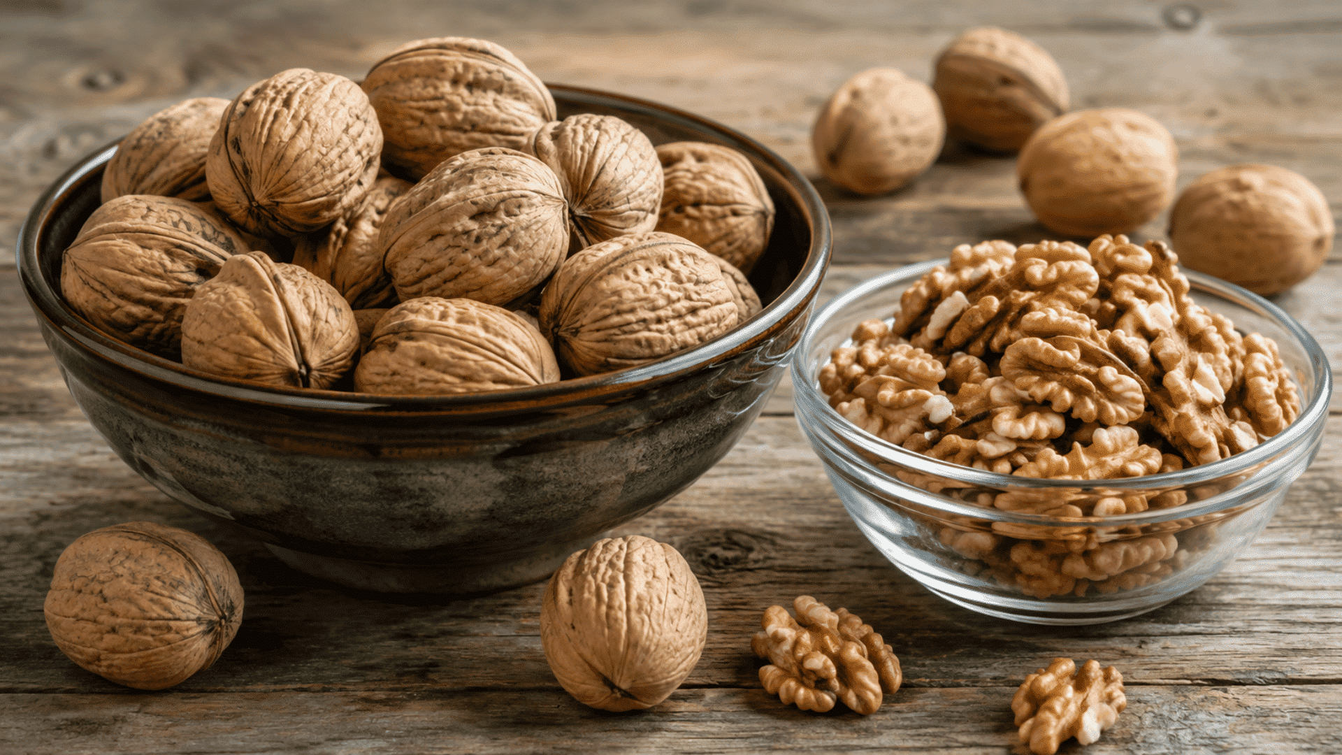whole walnuts and shelled walnut kernels displayed in bowls on a wooden table
